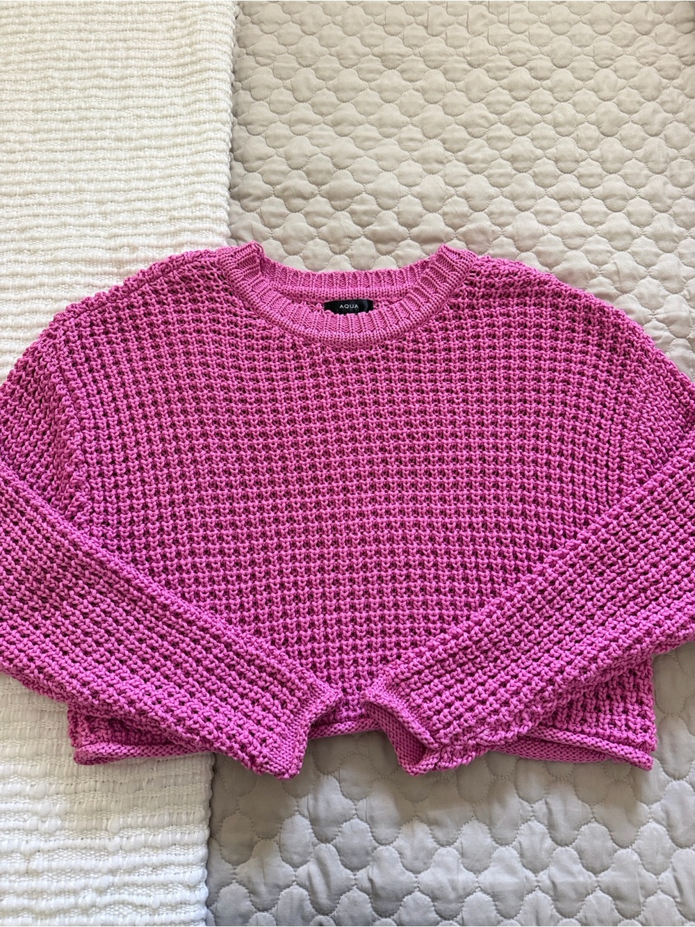 Aqua Hot Pink Waffle-Knit Crew Sweater